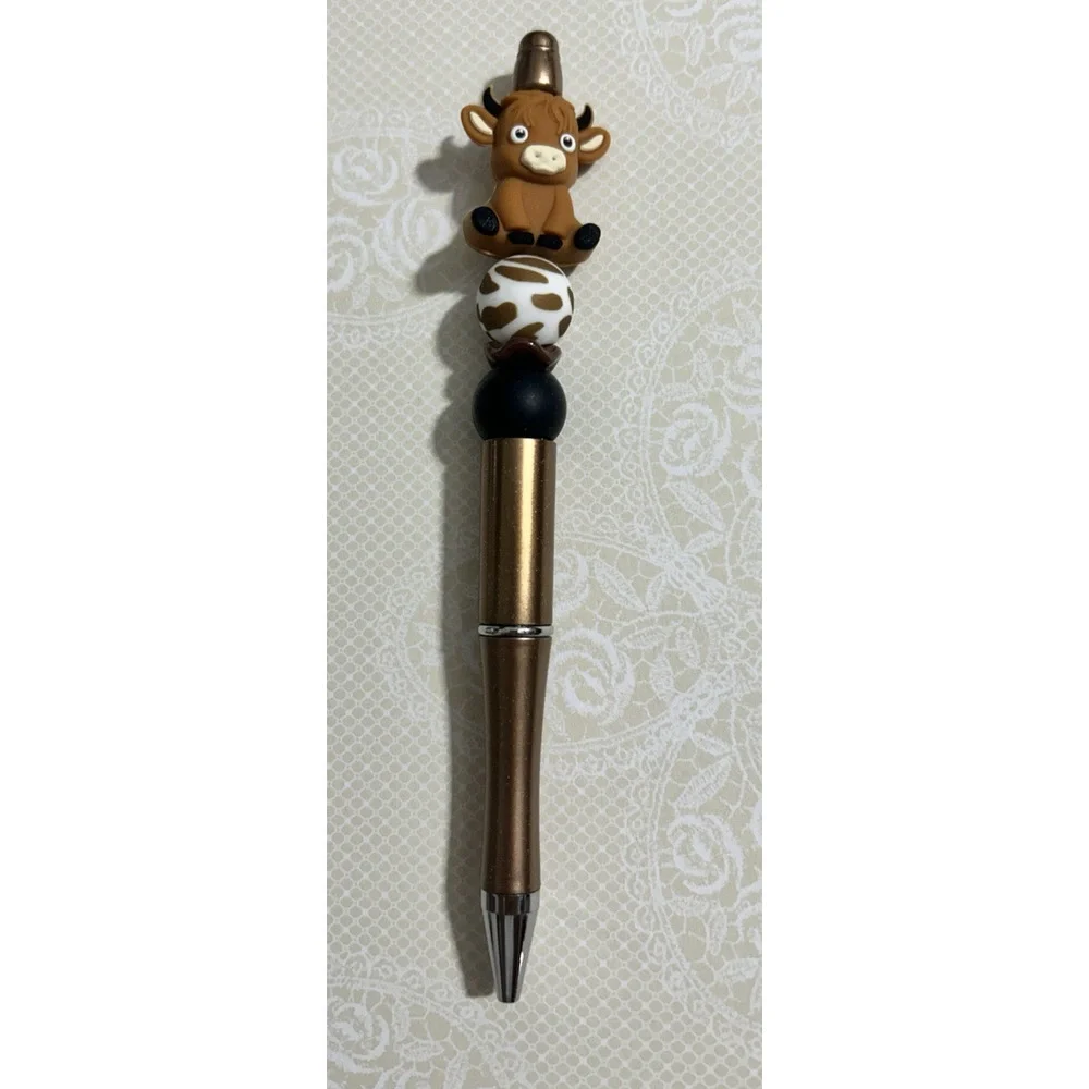 Custom Pen Highland Cow Brown Metallic Beaded Black Ink Western Cowgirl - Picture 2 of 4